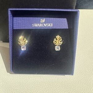 Swarovski Gold pleated small Palm Leaf Earrings with clear crystal